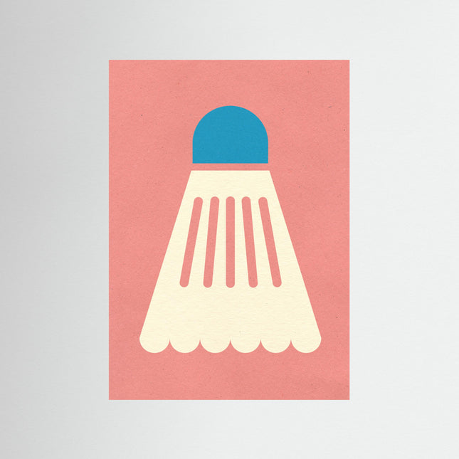Badminton wall art fine art paper print by Rosi Feist featuring a stylized shuttlecock on a pink background