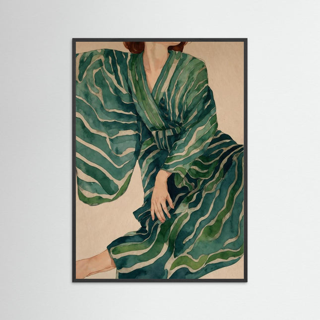 Figurative woman art print on fine art paper depicting a woman in a flowing green striped robe