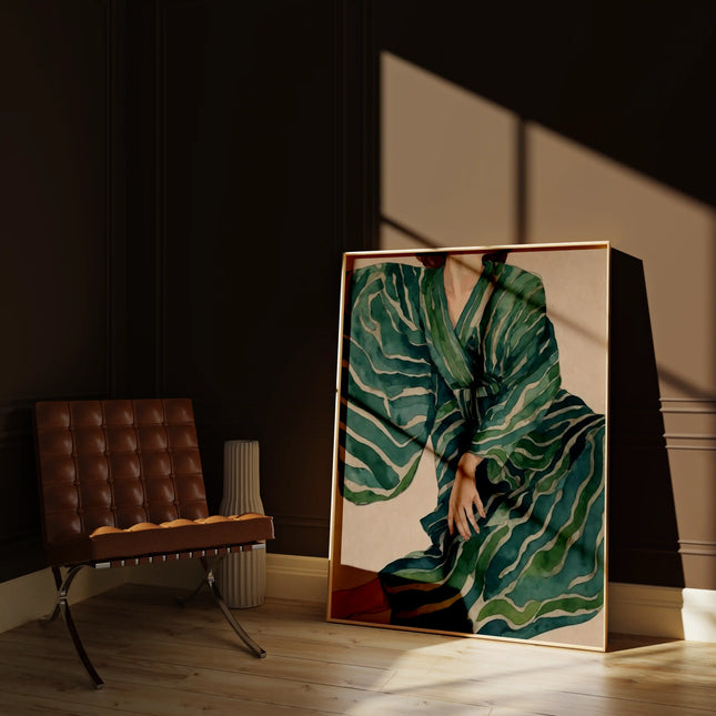 Figurative woman art print on fine art paper featuring a green flowing dress, displayed in a modern room