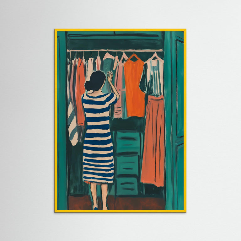 PostrCo modern minimalist poster for bedroom featuring a woman in striped dress choosing clothes