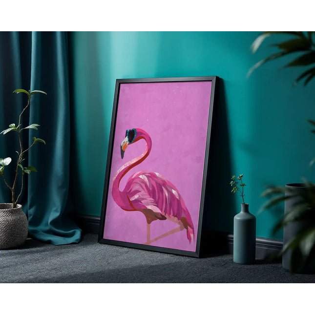Pink flamingo artwork for home printed on fine art paper by Sarah Manovski in black frame