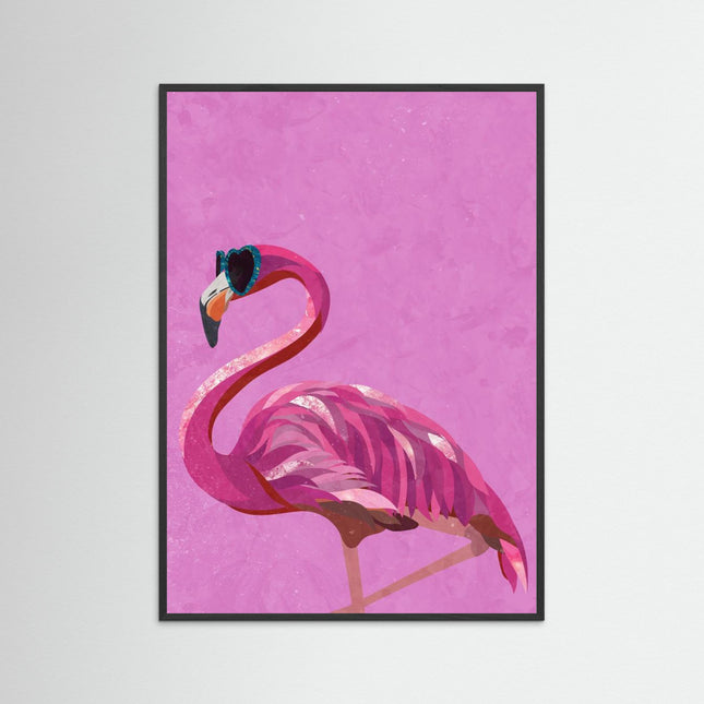 Pink flamingo artwork for home on fine art paper print by Sarah Manovski with sunglasses design