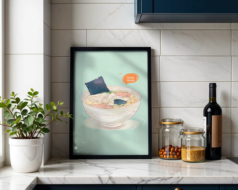 Ramen bowl wall art fine art paper print by Printumo displayed on kitchen counter with jars and wine bottle