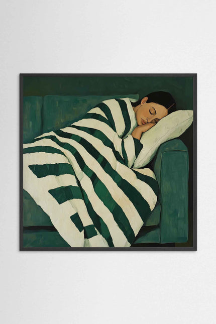 Sleeping woman poster decor fine art paper print by PostrCo featuring a woman wrapped in striped blanket